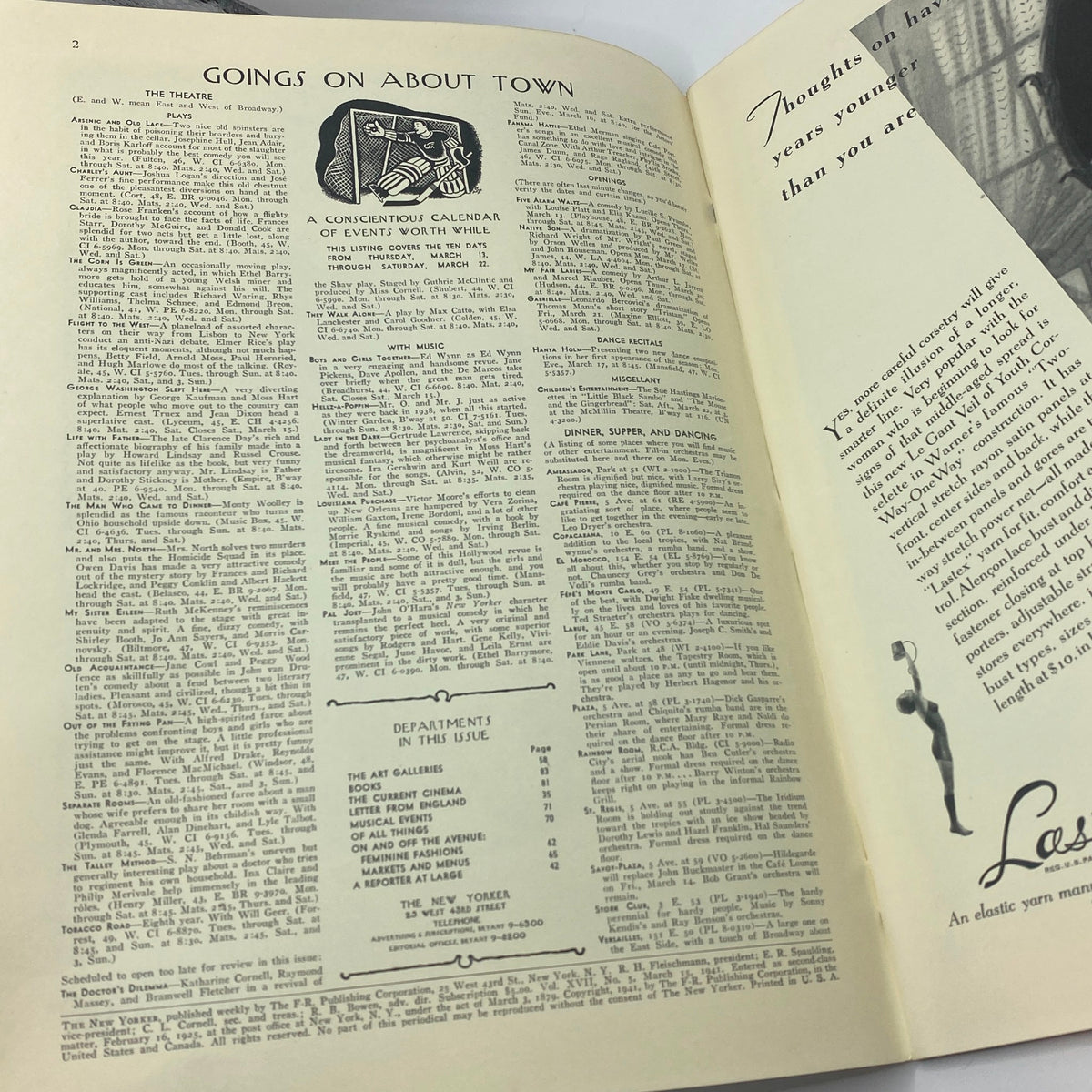 Interior page of The New Yorker Complete Magazine March 15, 1941 featuring the 'Goings On About Town' section, showcasing events and entertainment in New York.