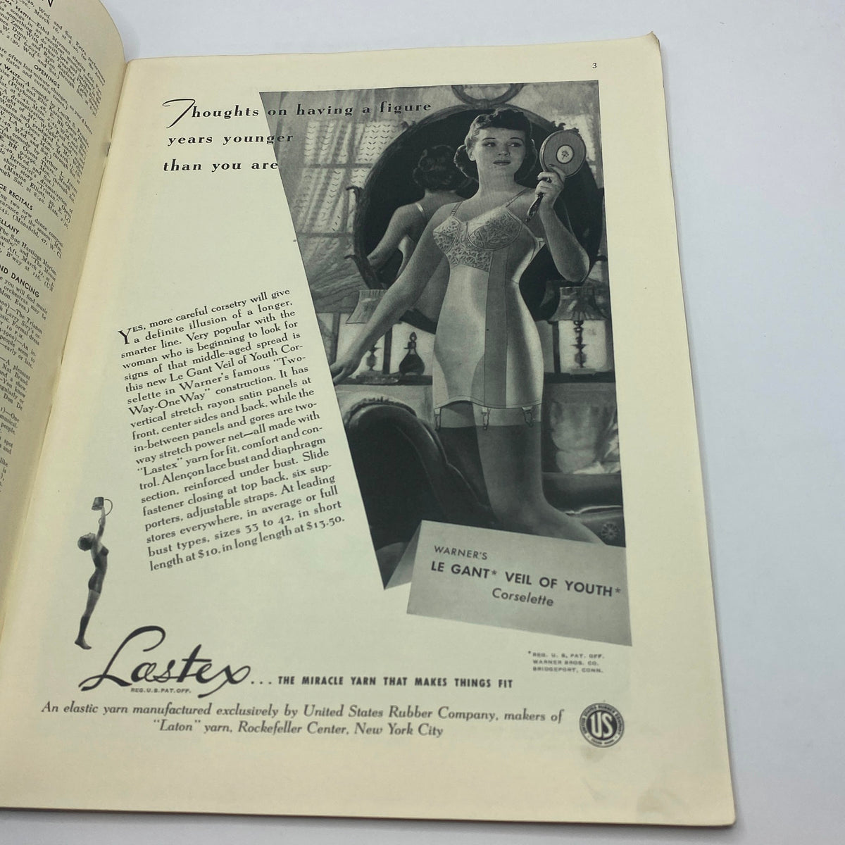 Advertisement in The New Yorker Complete Magazine March 15, 1941 featuring a woman reviewing her appearance, promoting a corset product for youthful figure.