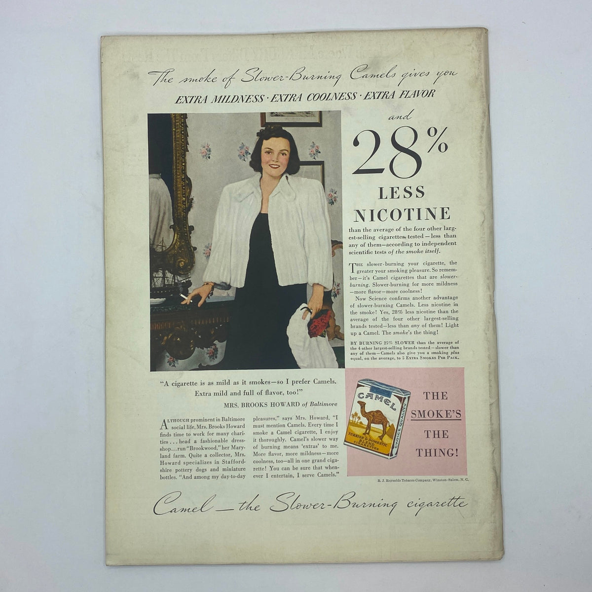 Advertisement for Camel cigarettes in The New Yorker Complete Magazine March 15, 1941, highlighting the benefits of slower-burning cigarettes with a portrait of a woman.