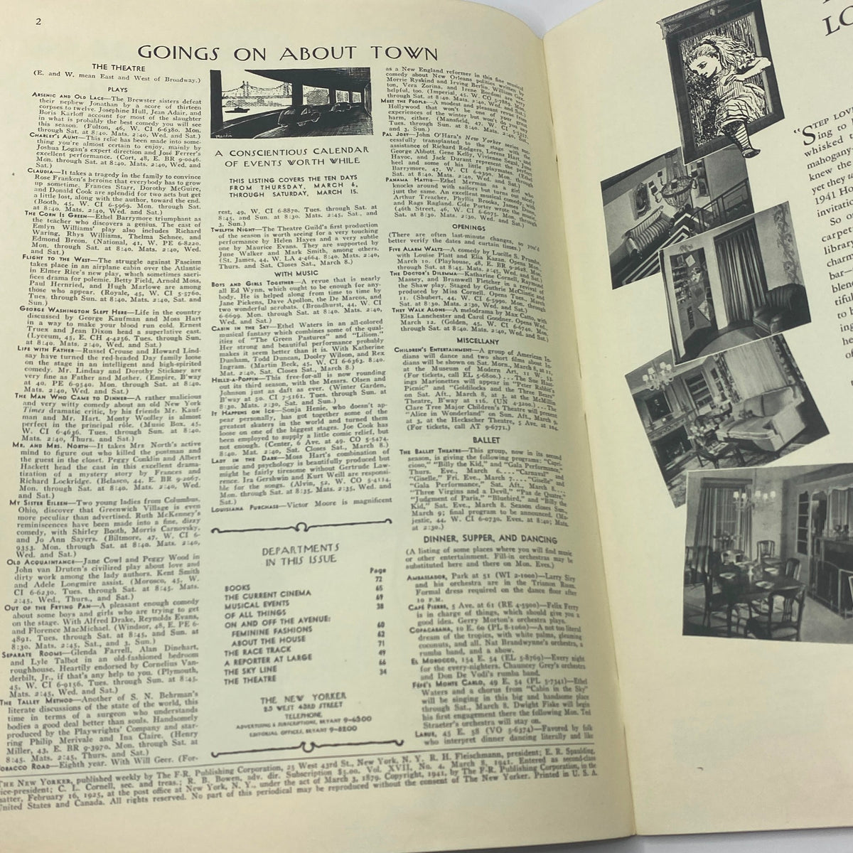 Interior page of The New Yorker Complete Magazine from March 8, 1941 featuring the 'Goings On About Town' section and listings of events, alongside cultural commentary, showcasing the magazine's classic layout.