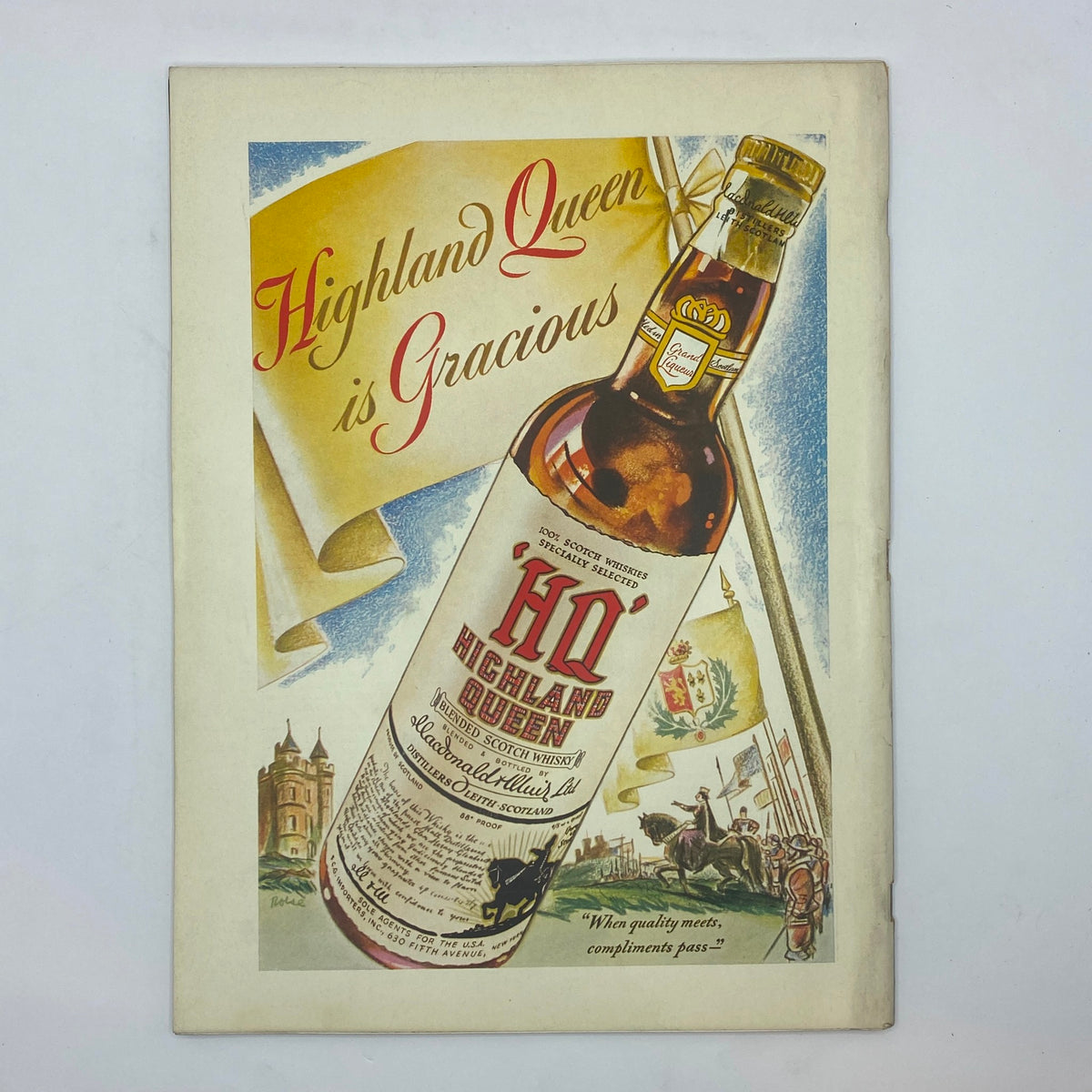 Vintage advertisement for Highland Queen whiskey found in The New Yorker magazine March 8, 1941, showcasing a bottle design and text emphasizing quality and tradition.