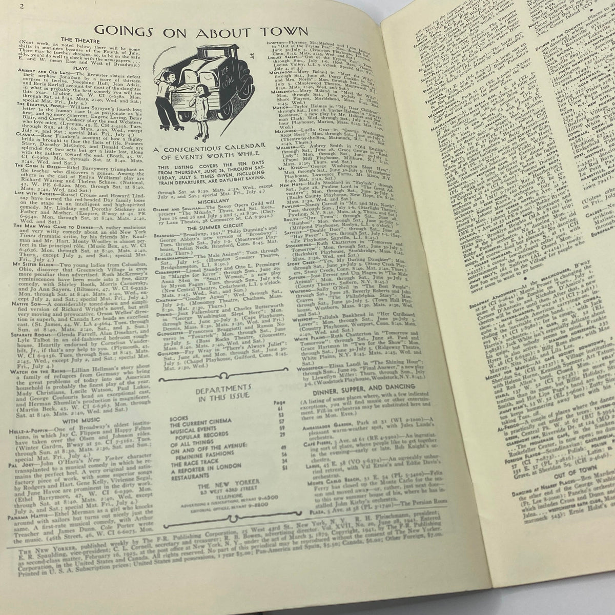 Goings On About Town section from The New Yorker magazine dated June 28, 1941, featuring a calendar of events with an illustration of an early 20th-century vehicle. Perfect for collectors of vintage magazines.