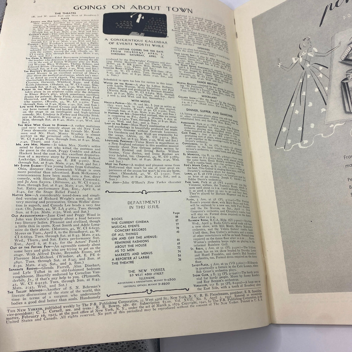 Interior page from The New Yorker Complete Magazine April 5, 1941 displaying 'Goings on About Town' section with a calendar of events and various listings.