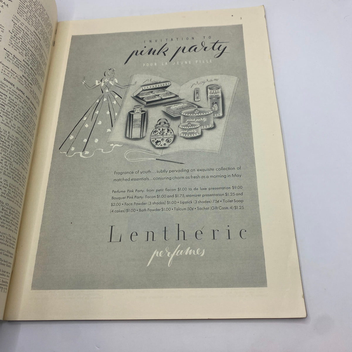 Advertisement page from The New Yorker Complete Magazine April 5, 1941 featuring an invitation to a Pink Party for Lentheric perfumes, illustrated with beauty products and vintage design.