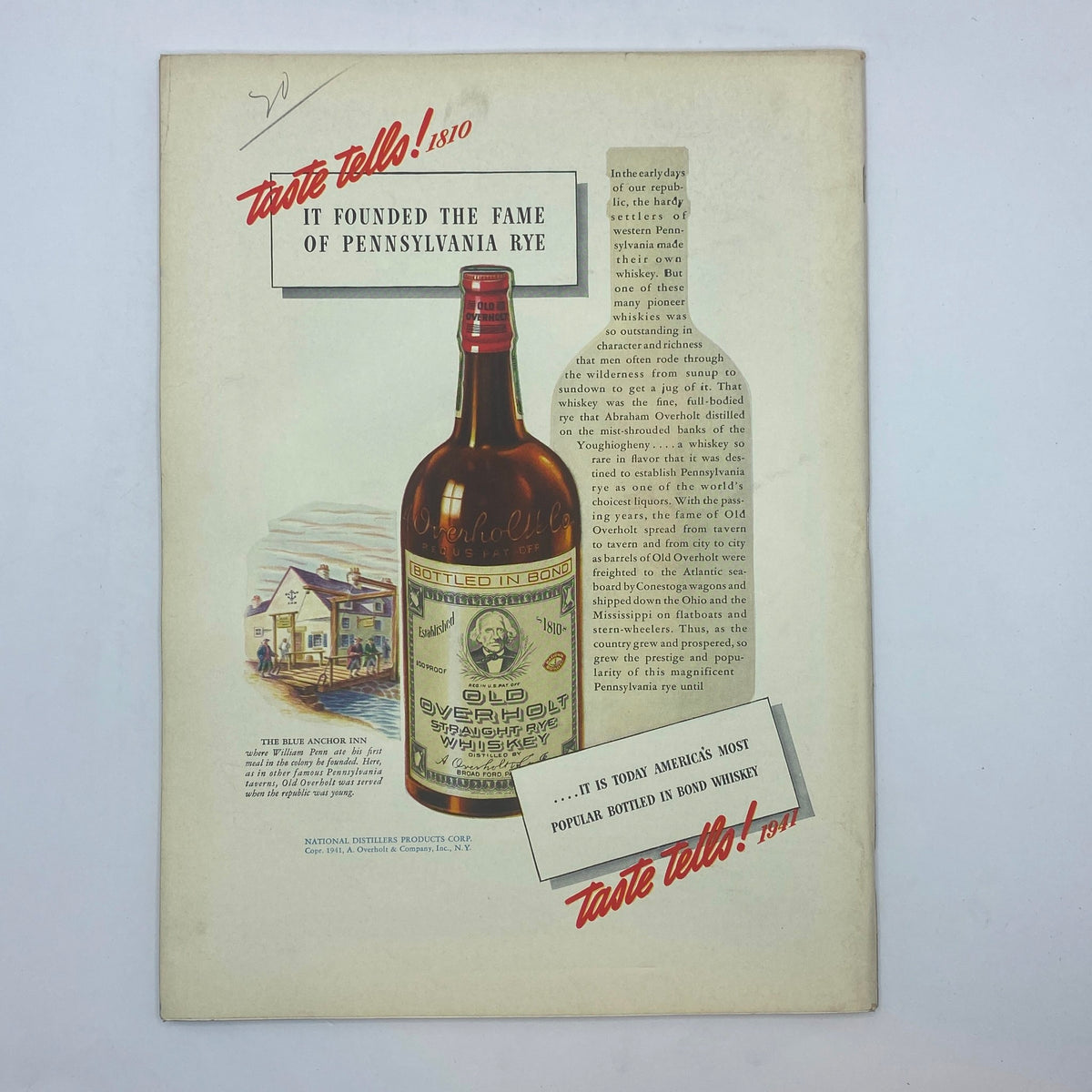 Back cover of The New Yorker Complete Magazine April 5, 1941 featuring an advertisement for Old Overholt Whiskey, highlighting its history and quality.