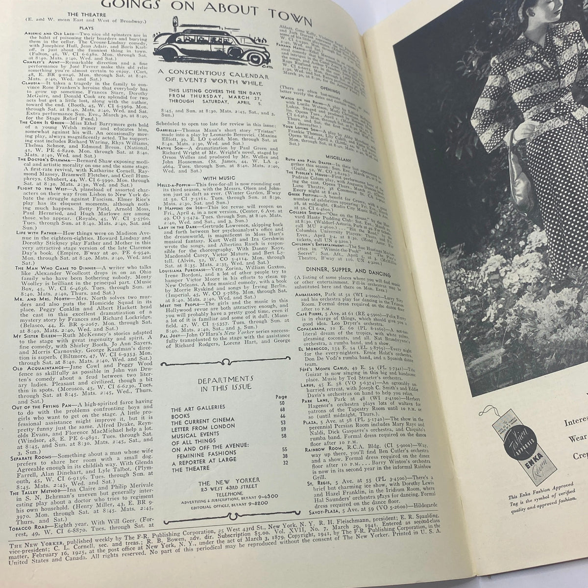 Interior page from The New Yorker March 29, 1941 issue featuring events calendar and listings, showcasing vintage design and typography.