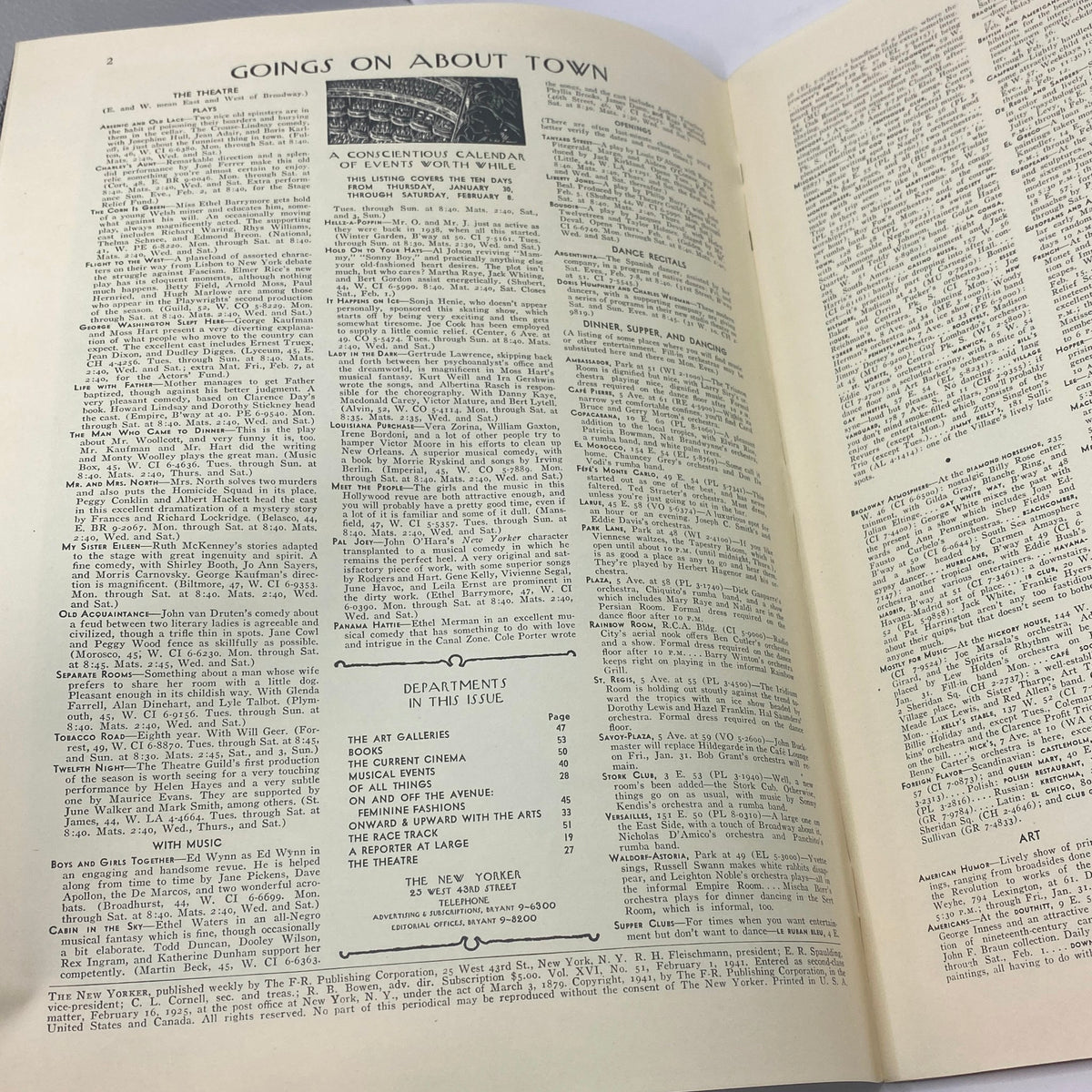 Interior page of The New Yorker magazine February 1, 1941 featuring events listings in New York City, showcasing cultural happenings and theatre options.