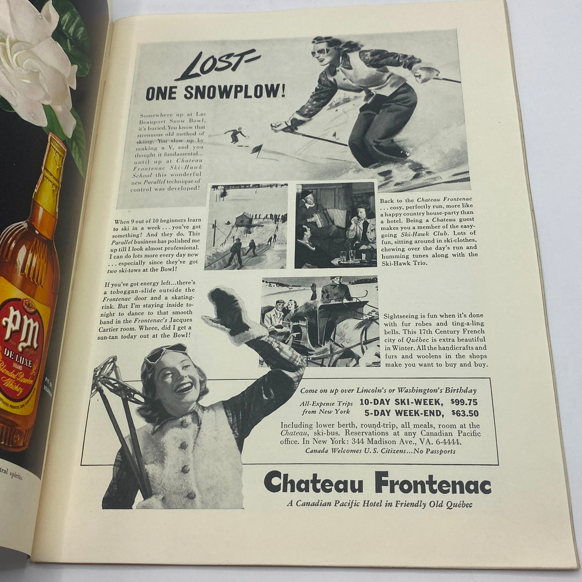 Advertisement in The New Yorker magazine February 1, 1941 for Chateau Frontenac hotel, illustrating a winter skiing theme with visuals of skiers and a promotional offer.