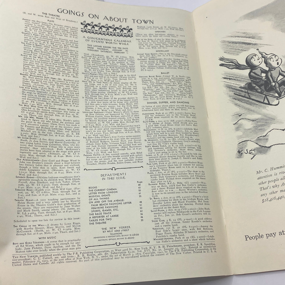 Inside pages of The New Yorker magazine from January 25, 1941, showcasing the 'Goings On About Town' column and listings, reflecting the cultural events of the time.