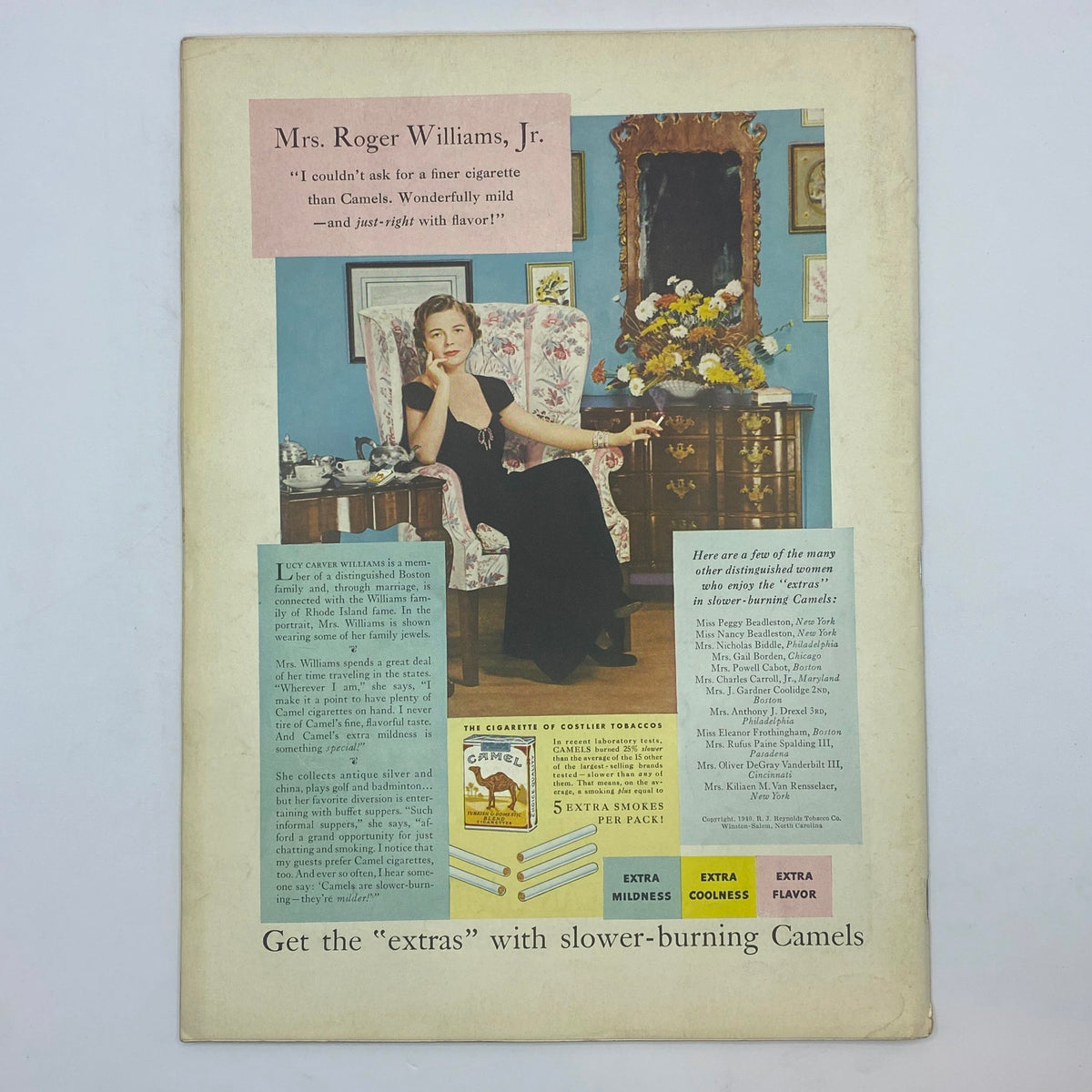 Advertisement for Camel cigarettes in The New Yorker magazine, January 18, 1941 issue, featuring a woman seated elegantly and promoting the brand's unique qualities.