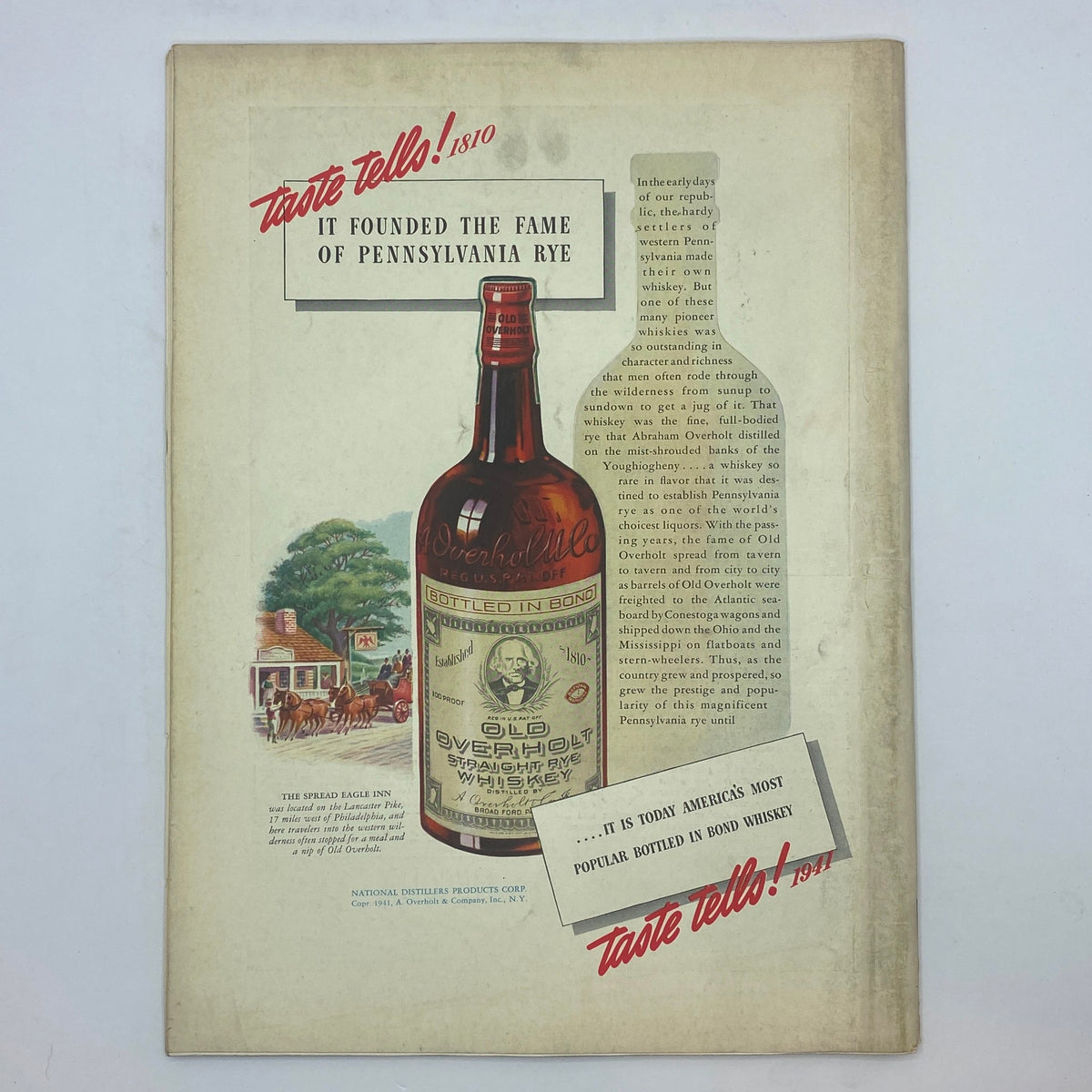 Vintage advertisement featuring Old Overholt Straight Rye Whiskey from 1941, highlighting its historical significance in Pennsylvania and showcasing its distinctive bottle design.