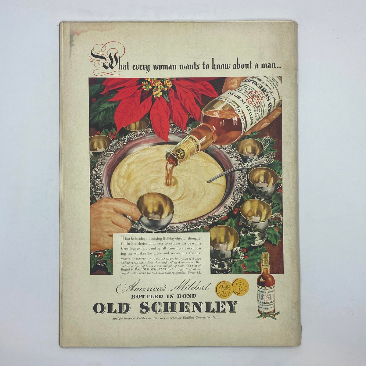 Back cover of The New Yorker magazine December 6, 1941, featuring an advertisement for Old Schenley bourbon with a festive holiday theme.