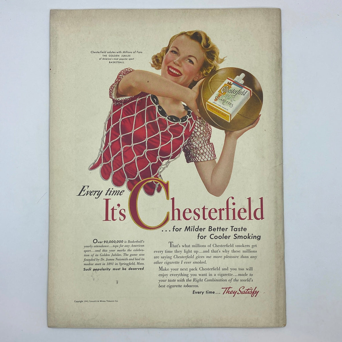 The New Yorker Complete Magazine February 28, 1942, displaying a Chesterfield cigarette advertisement with an upbeat model promoting milder, better taste for cooler smoking.