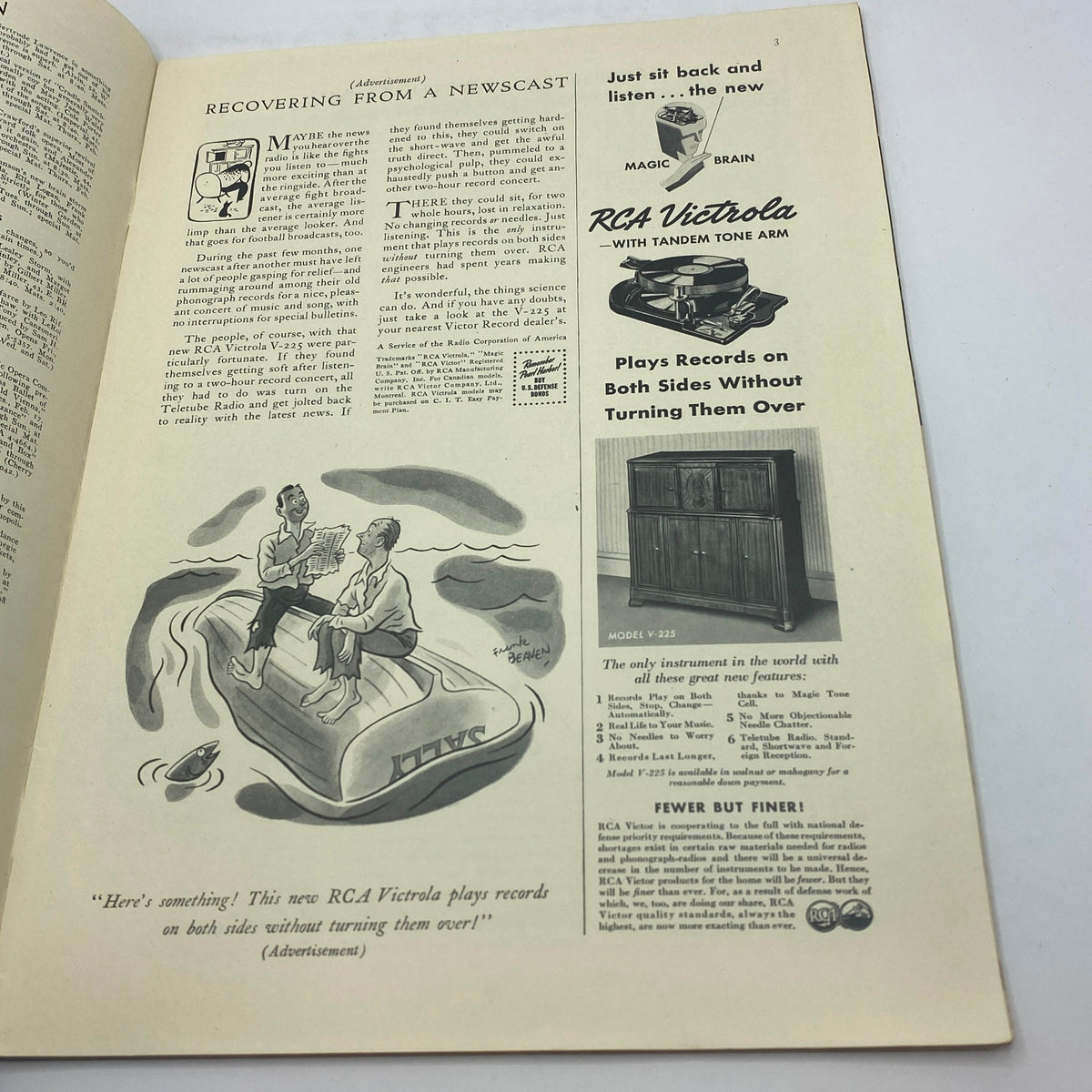 Inside advertisement page of The New Yorker complete magazine February 14, 1942, highlighting RCA Victrola with an illustration of two men enjoying music on a boat.