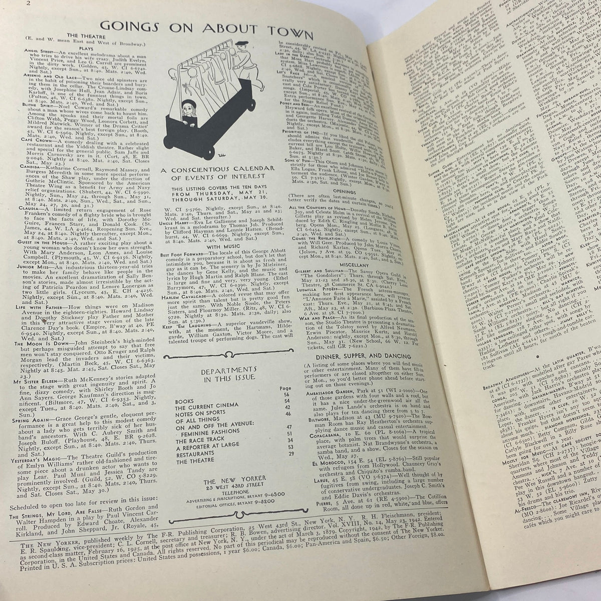 Inside view of The New Yorker magazine from May 23, 1942 featuring content including events, articles, and advertisements, highlighting the cultural landscape of the era.