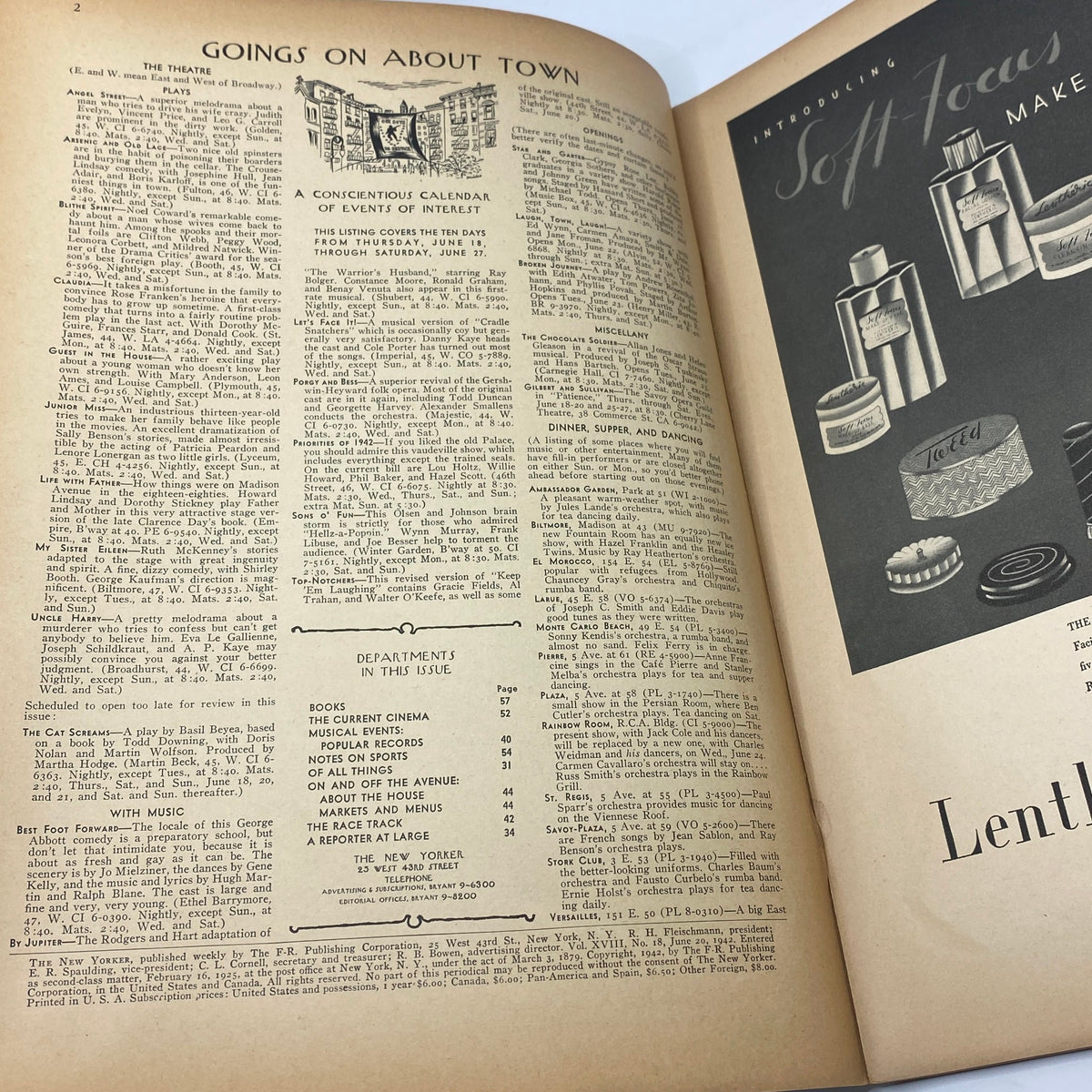 Interior page detail from The New Yorker Complete Magazine June 20, 1942, featuring entertainment listings and magazine departments, showcasing historical content.