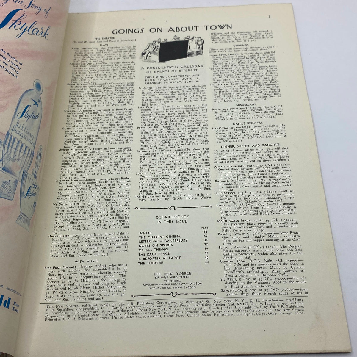 Goings On About Town section from The New Yorker Complete Magazine June 13, 1942 featuring events and activities listings.