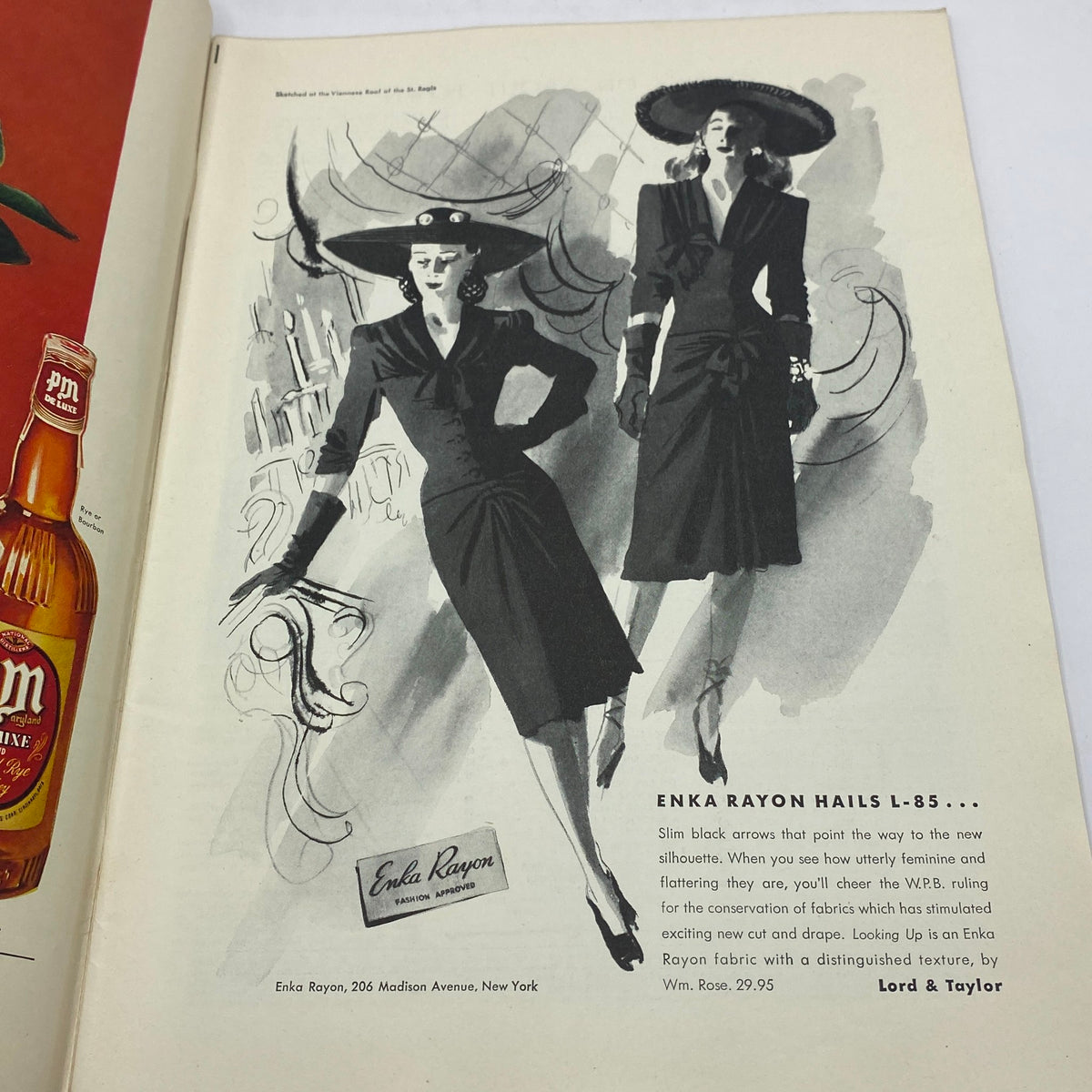 Fashion advertisement in The New Yorker Magazine June 6, 1942 featuring elegant women dressed in stylish black outfits promoting Enka Rayon fabric.