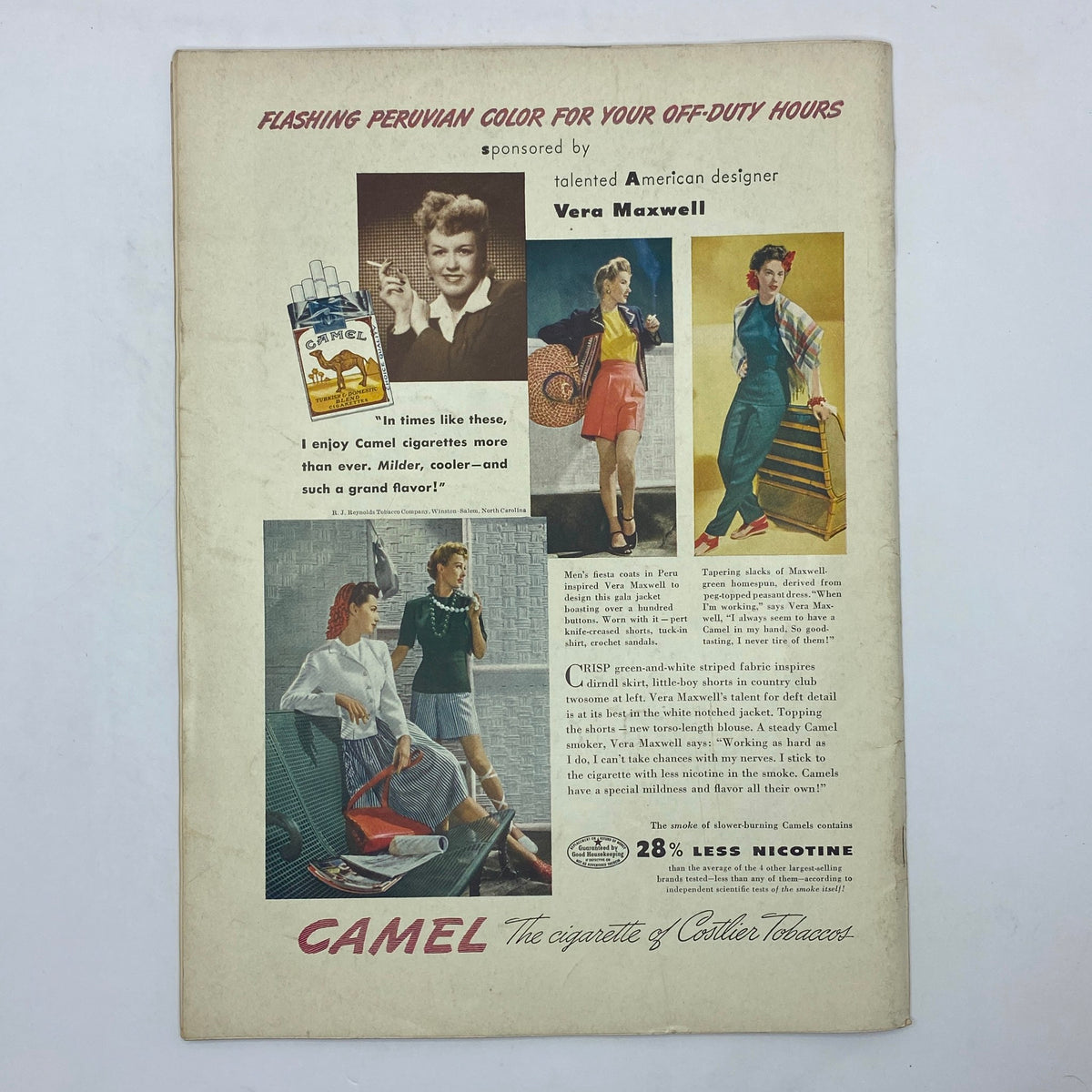 Camel cigarettes advertisement in The New Yorker Magazine June 6, 1942 showcasing American designer Vera Maxwell's summer designs with vibrant colors.