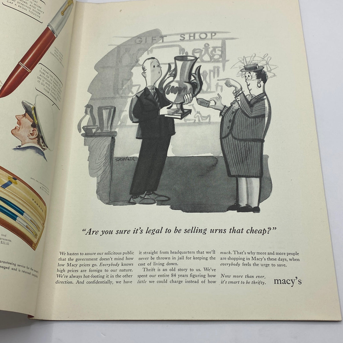 Cartoon advertisement in The New Yorker magazine from May 30, 1942 depicting a humorous scene at a gift shop, part of the publication titled 'The New Yorker Complete Magazine May 30, 1942 Perry Barlow Cover.'