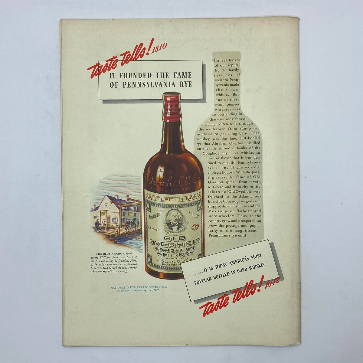 Advertisement for Old Overholt Rye Whiskey featured in The New Yorker magazine May 30, 1942, showcasing its heritage and popularity, related to 'The New Yorker Complete Magazine May 30, 1942 Perry Barlow Cover.'
