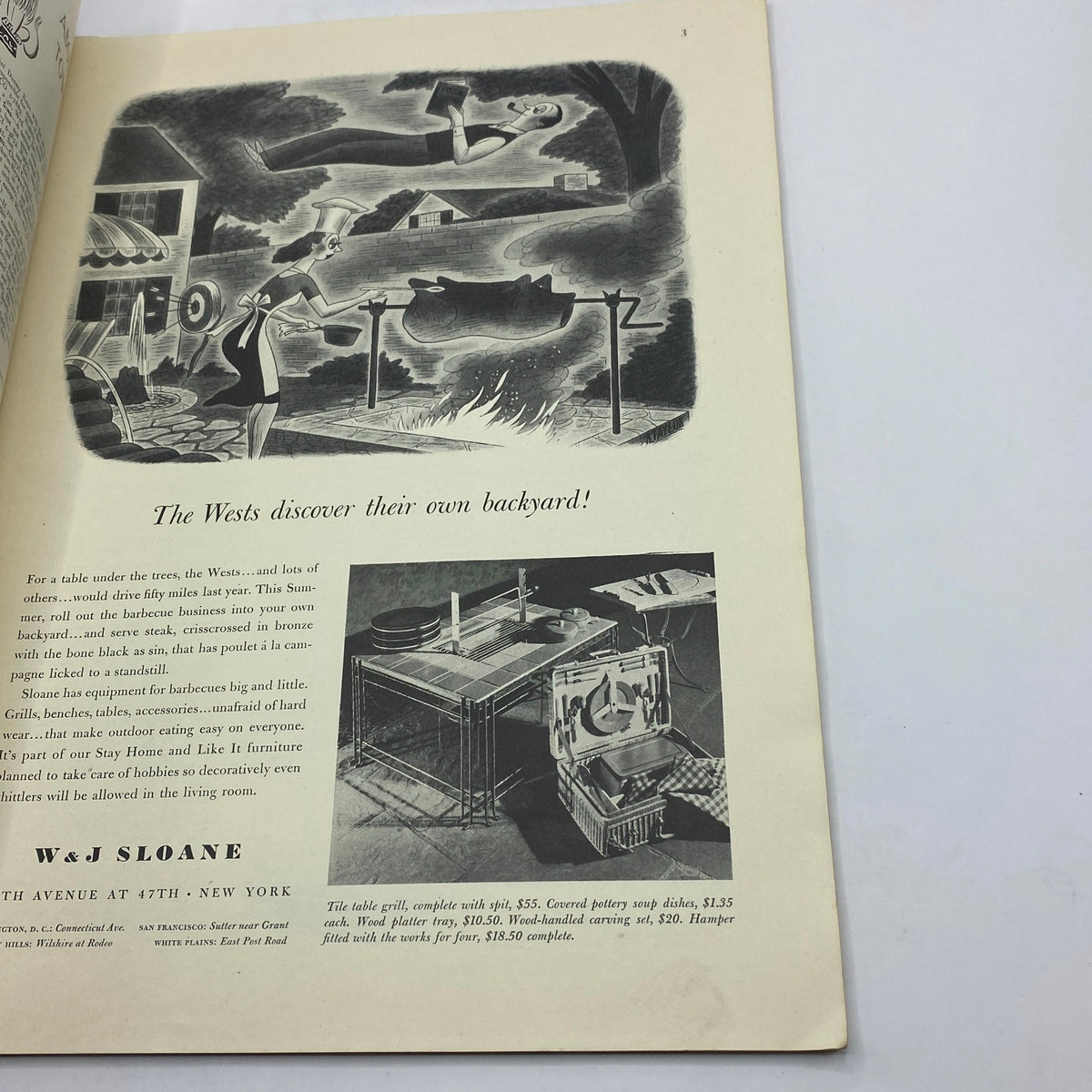 Illustration from The New Yorker magazine dated April 11, 1942, depicting a backyard barbecue scene, with emphasis on domestic life and outdoor activities.