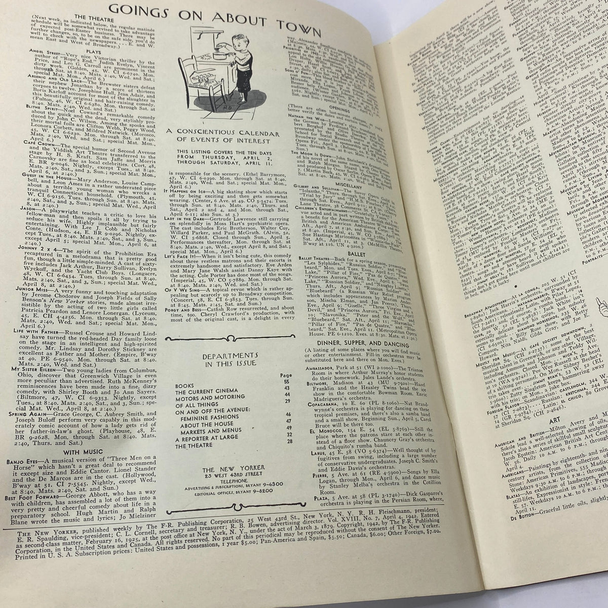 Interior page of The New Yorker magazine dated April 4, 1942, featuring 'Goings On About Town' section, highlighting events and activities, part of the issue with Constantin Alajalov cover.