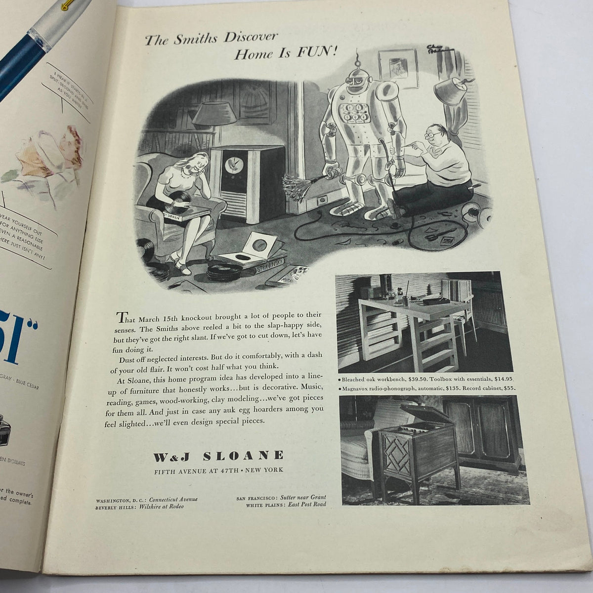 Interior illustration from The New Yorker Complete Magazine April 4, 1942 featuring The Smiths Discover Home Is FUN! showcasing home life with a humorous robot and household setting.
