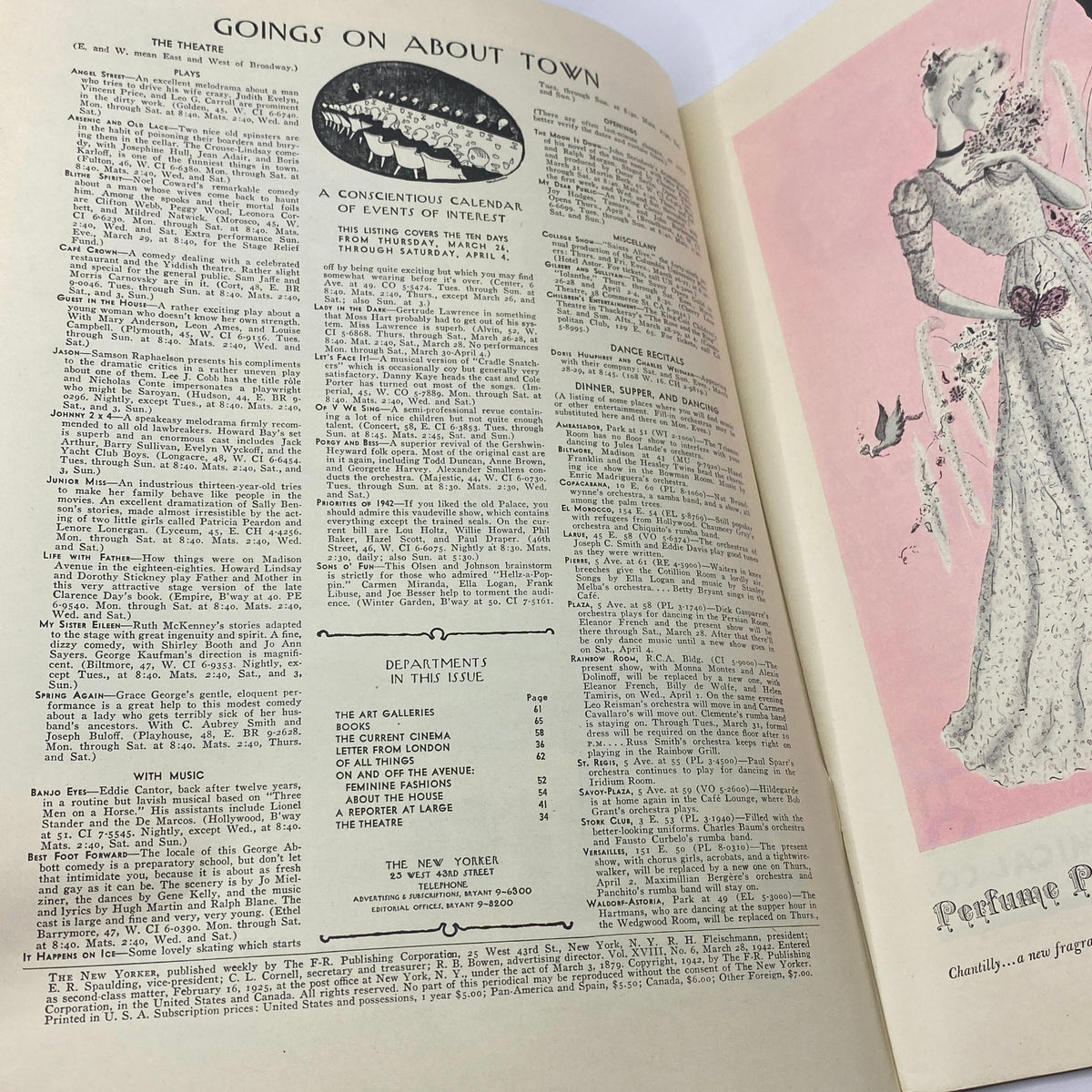 Interior page of The New Yorker magazine from March 28, 1942, featuring events calendar titled 'Goings On About Town'. The magazine, titled 'The New Yorker Complete Magazine March 28, 1942 Perry Barlow Cover VG', provides a vintage glimpse into the cultural happenings of New York.