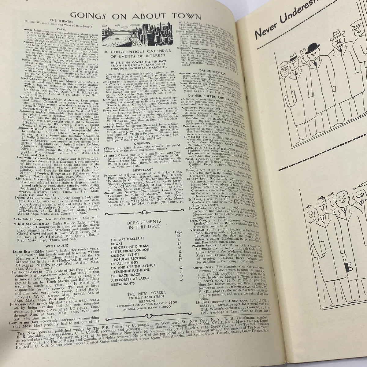 Interior page of The New Yorker magazine March 14, 1942, featuring the 'Goings On About Town' section, showcasing cultural events and entertainment listings.