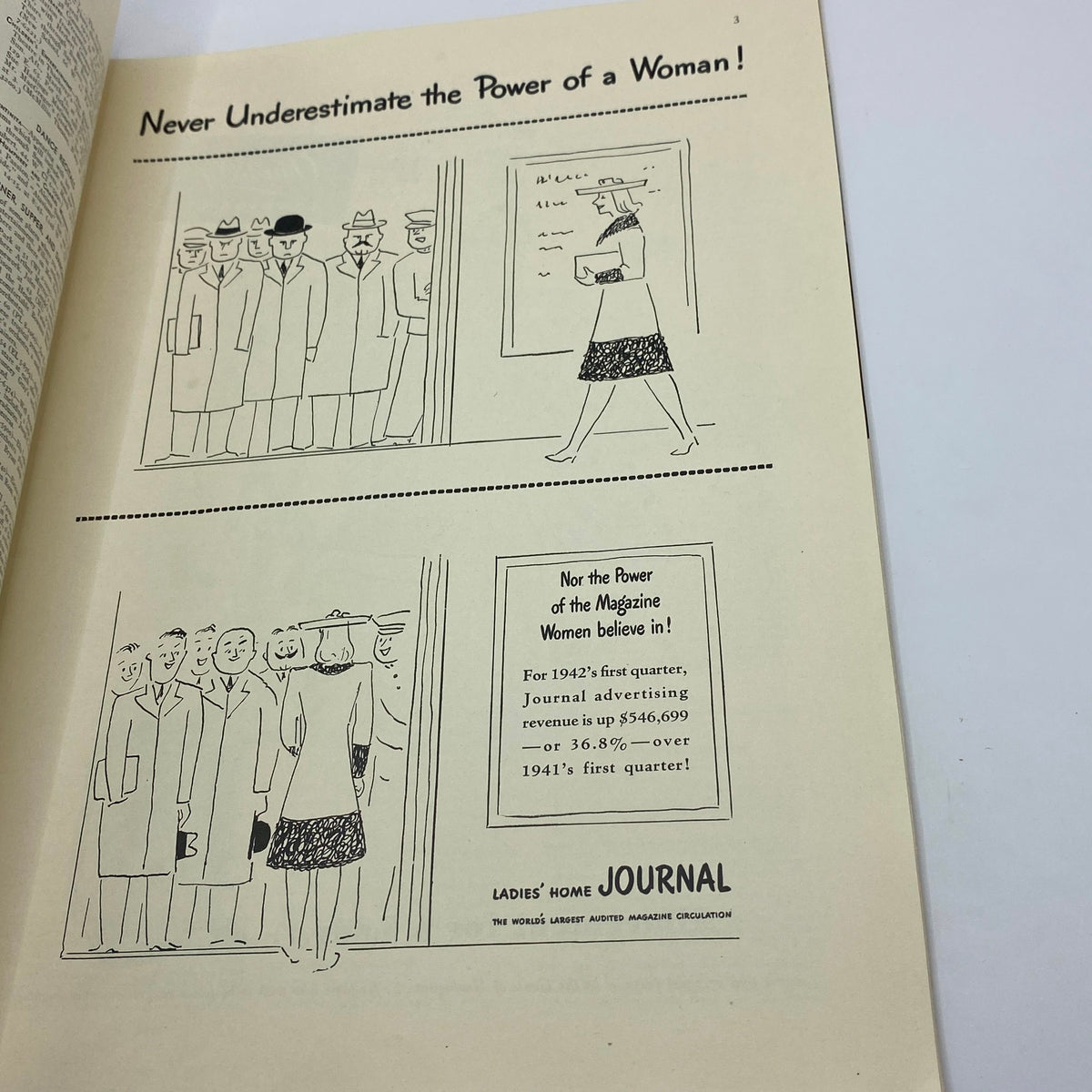 Cartoon illustration from The New Yorker magazine March 14, 1942, titled 'Never Underestimate the Power of a Woman!', featuring a woman's confident walk past a group of men.