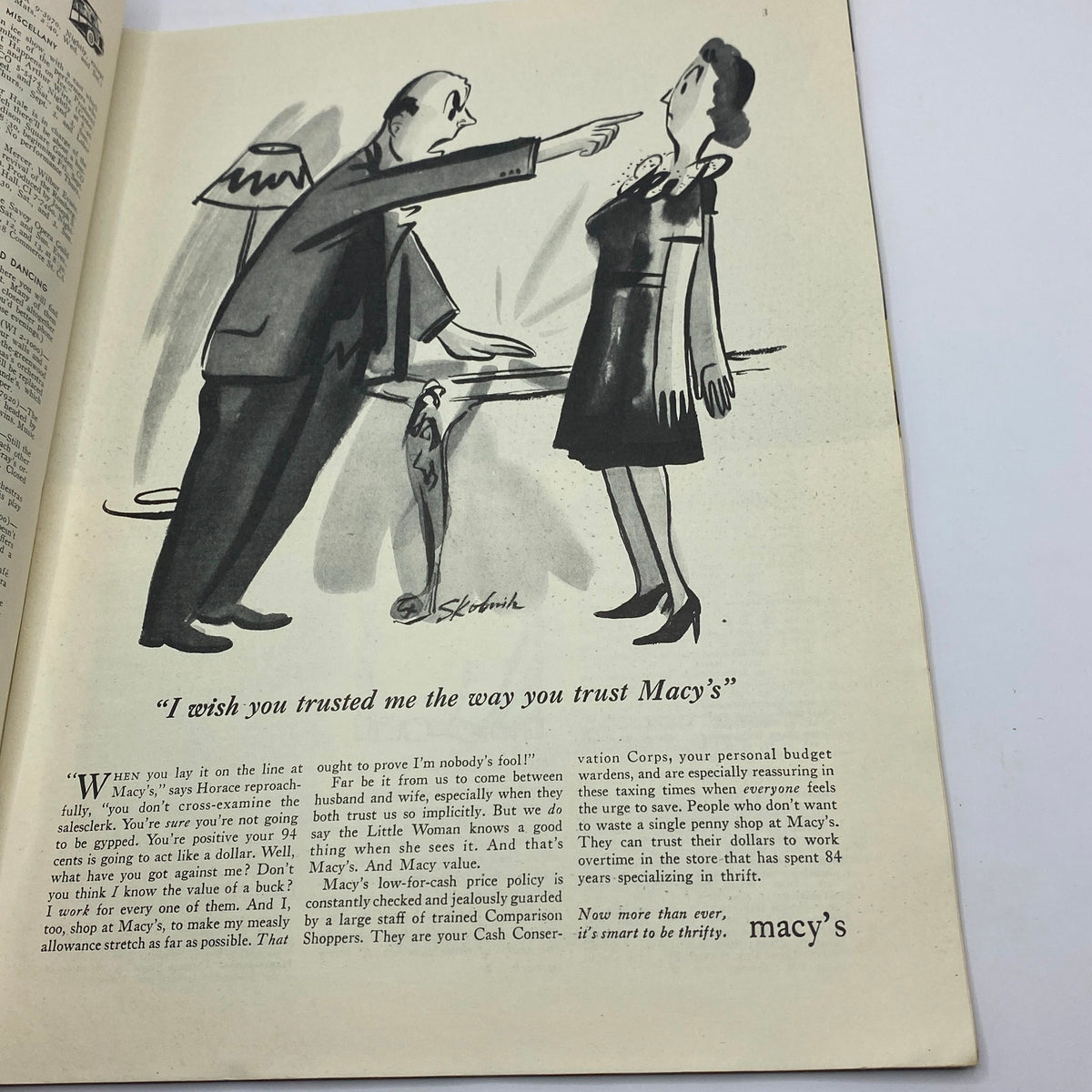 Editorial cartoon from The New Yorker magazine September 5, 1942 featuring a man speaking to a woman with a humorous dialogue about trust and shopping.