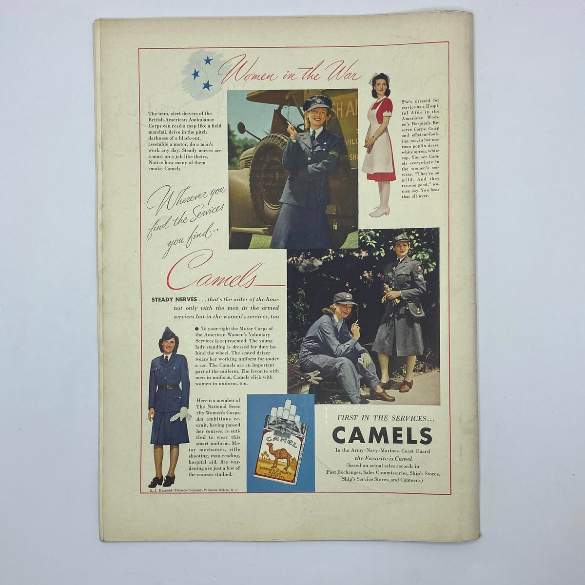 Advertisement for Camels cigarettes with women in military uniforms for The New Yorker Complete Magazine August 29, 1942, highlighting women's contributions during WWII.