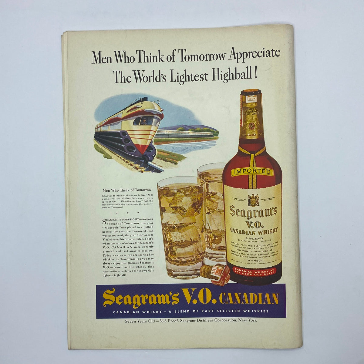 Seagram's V.O. Canadian Whisky advertisement featuring the world's lightest highball, showcasing a bottle of whisky and glasses filled with ice, with a vintage train in the background. The ad promotes the charm of Canadian whisky from the New Yorker Complete Magazine August 15, 1942, Perry Barlow Cover.