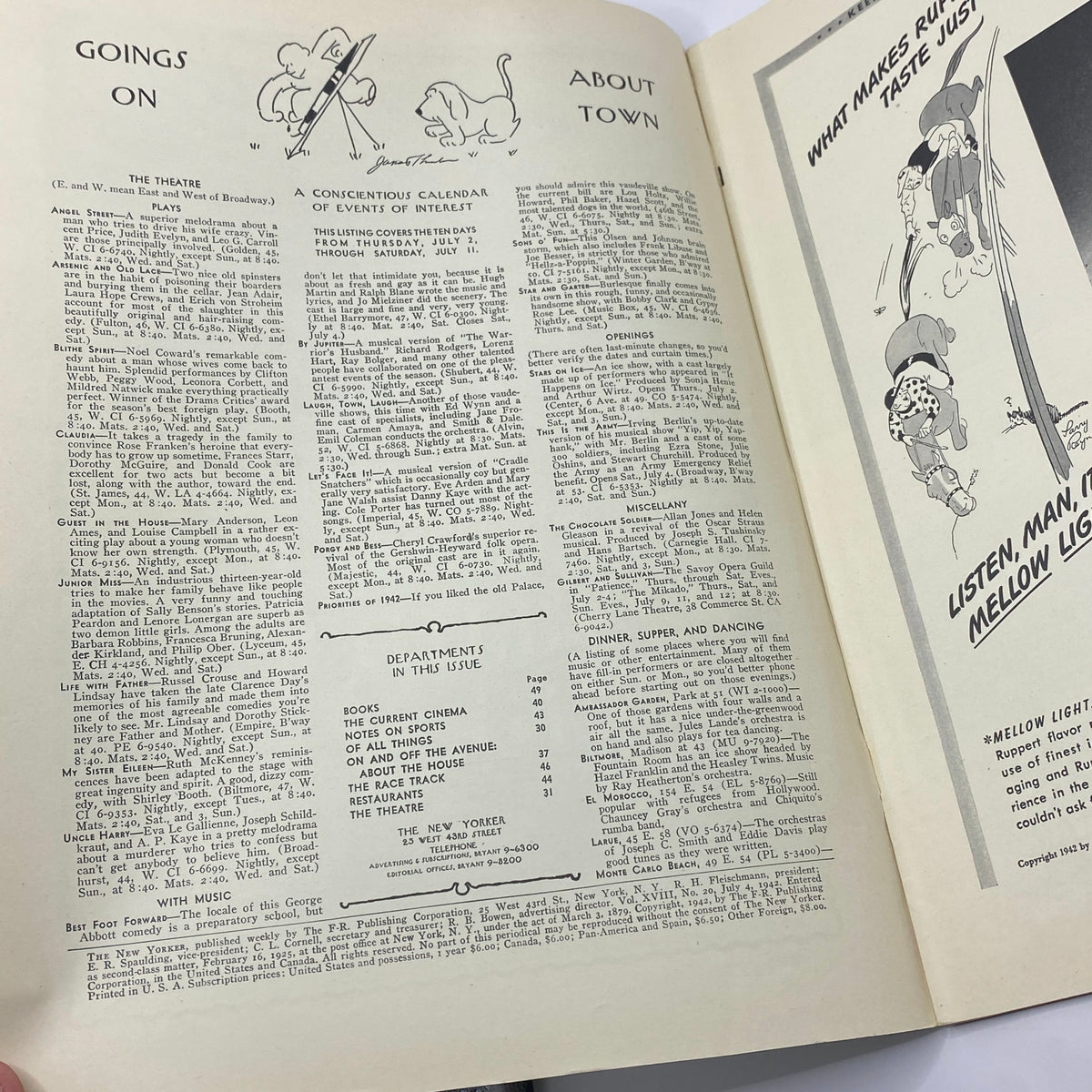 Interior page of The New Yorker magazine, July 4, 1942, showcasing events listings and departments, part of the Rea Irvin cover edition.