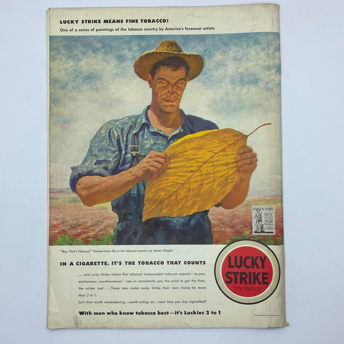 Lucky Strike tobacco advertisement featuring a farmer holding a large tobacco leaf. The ad is part of a series showcasing the tobacco country by renowned artists. This advertisement connects to The New Yorker Complete Magazine September 19, 1942 with a cover by Helen E. Hokinson.