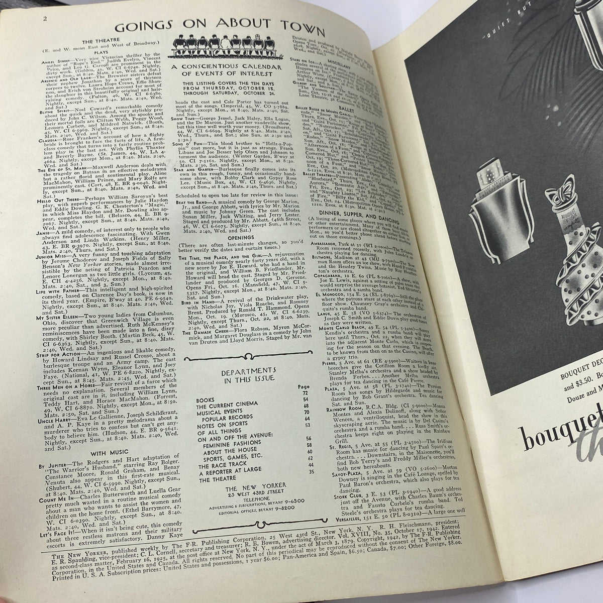 Inside page of The New Yorker magazine, October 17, 1942, showcasing 'Goings On About Town' events calendar and departments in the issue, featuring a vintage layout.