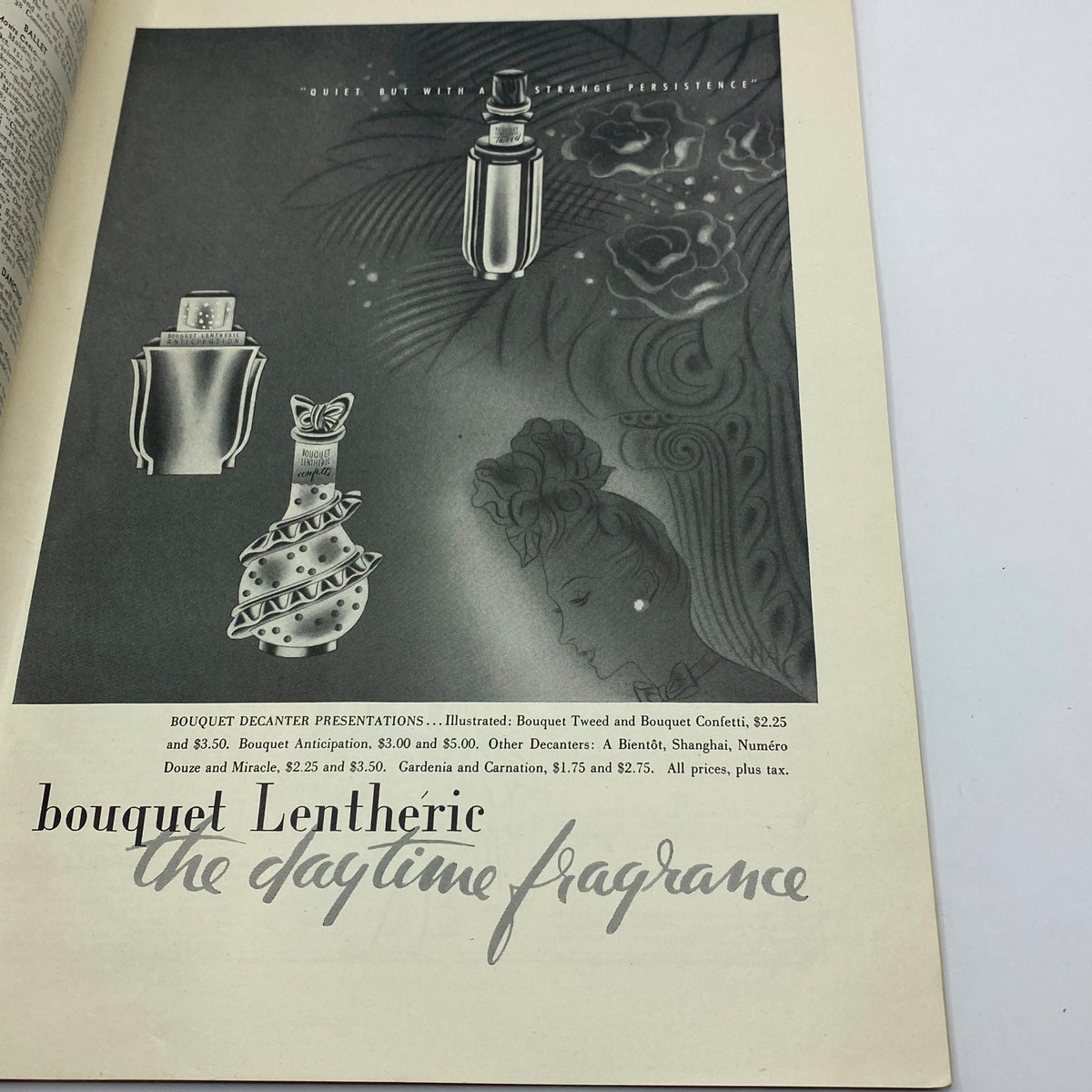 Advertisement page from The New Yorker magazine, October 17, 1942, featuring Bouquet Lentheric fragrances product display alongside artistic illustrations and elegant typography.