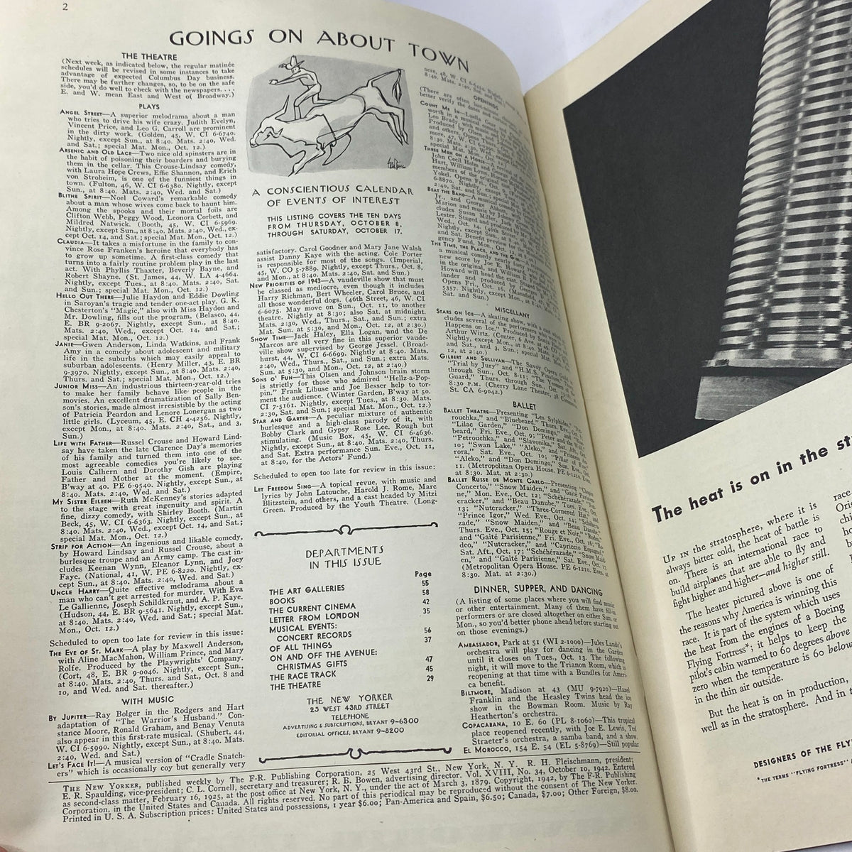 Inside page of The New Yorker Complete Magazine October 10, 1942 showcasing the 'Goings On About Town' section with upcoming events and theater listings.