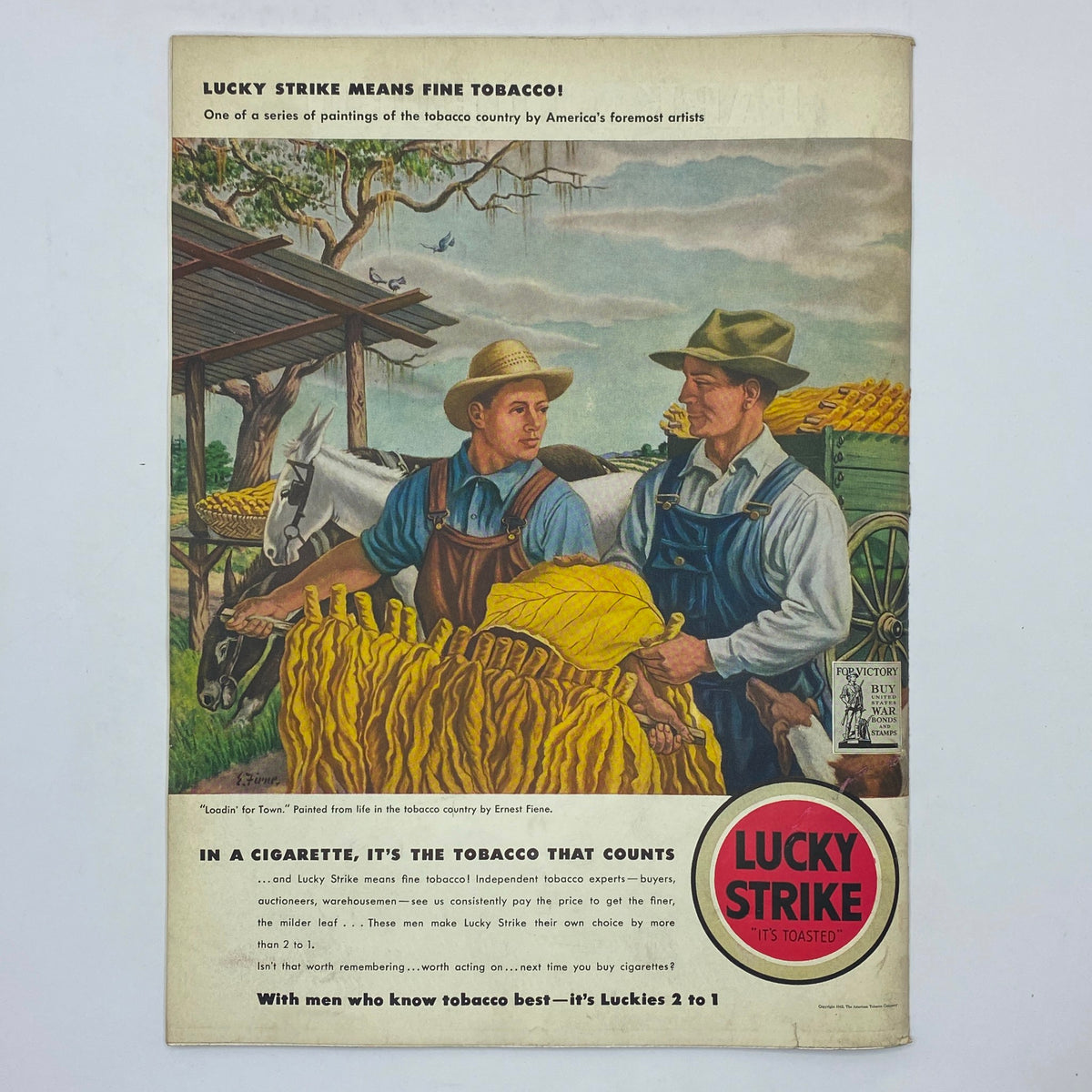 Inside advertisement page from The New Yorker Complete Magazine October 10, 1942 presenting an illustration for Lucky Strike cigarettes, depicting tobacco farming.