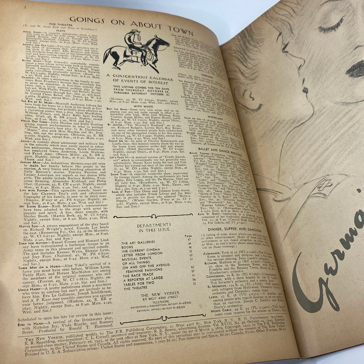 Interior page of The New Yorker Complete Magazine October 24, 1942 featuring the 'Goings On About Town' section, showcasing events and cultural happenings in New York City.