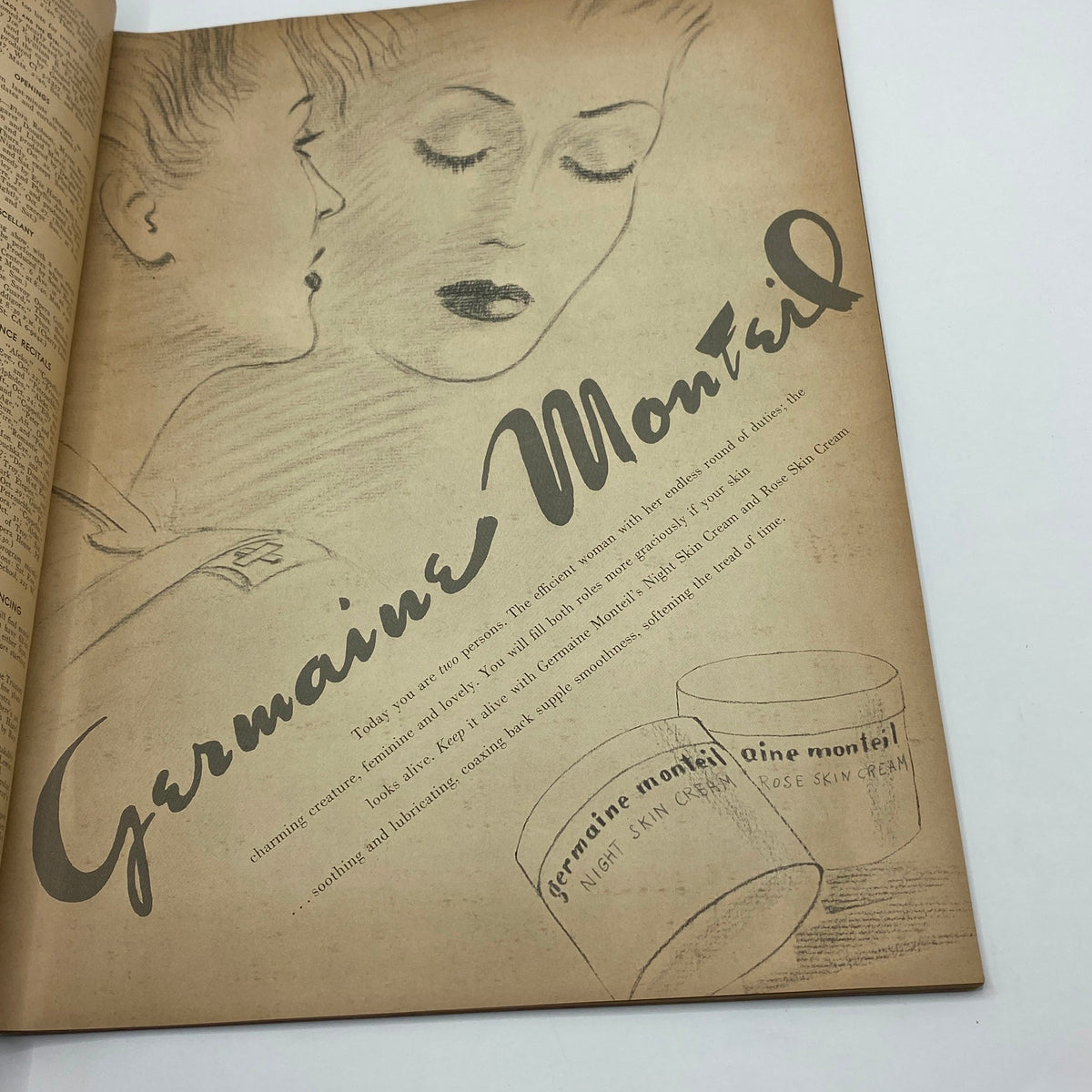 An advertisement showcasing beauty products featured in The New Yorker Complete Magazine October 24, 1942, highlighting Germaine Montiel skin creams.