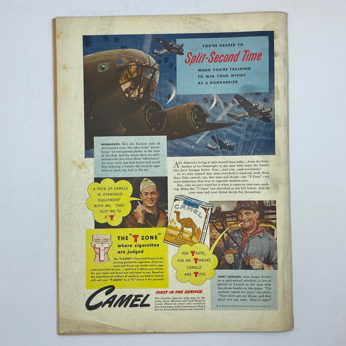 A colorful advertisement in The New Yorker Complete Magazine October 24, 1942, promoting Camel cigarettes with artwork depicting a bomber crew and war aircraft.