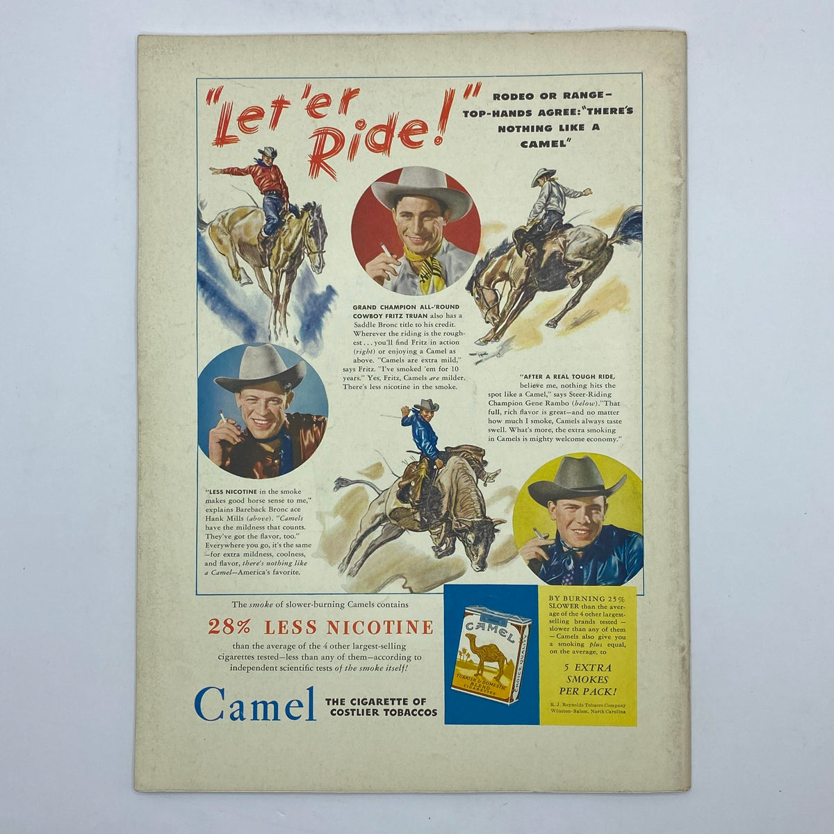 Vintage Camel cigarette advertisement featuring cowboys and rodeo themes from The New Yorker Complete Magazine May 9, 1942. The ad emphasizes 'Let 'er Ride!' and highlights Camel's reduced nicotine content, appealing to smokers with images of champions and horses.