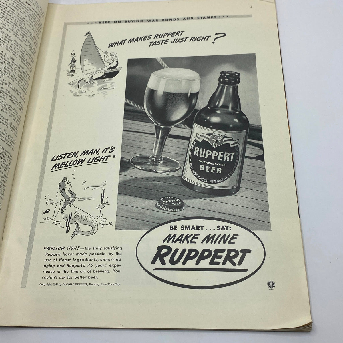 Vintage advertisement for Ruppert Beer within The New Yorker Complete Magazine August 1, 1942, illustrating a bottle and glass of beer, highlighting mid-20th century advertising styles.