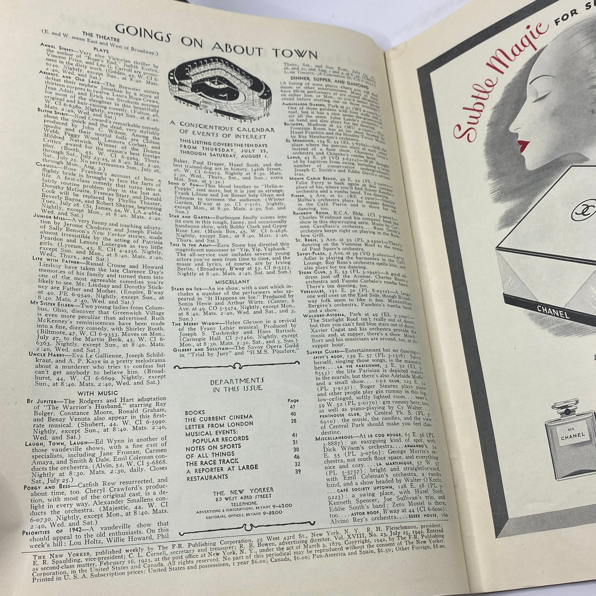 Goings On About Town section from The New Yorker July 25, 1942 showcasing a calendar of events and department listings.