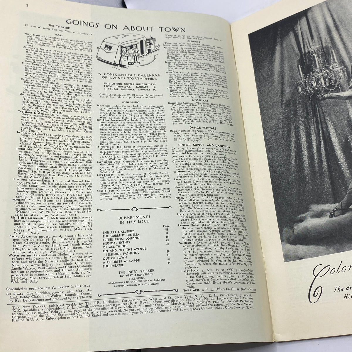 Inside view of The New Yorker magazine featuring the 'Goings On About Town' section from January 17, 1942, highlighting events and listings; Title: The New Yorker Complete Magazine January 17, 1942 Constantin Alajalov Cover VG