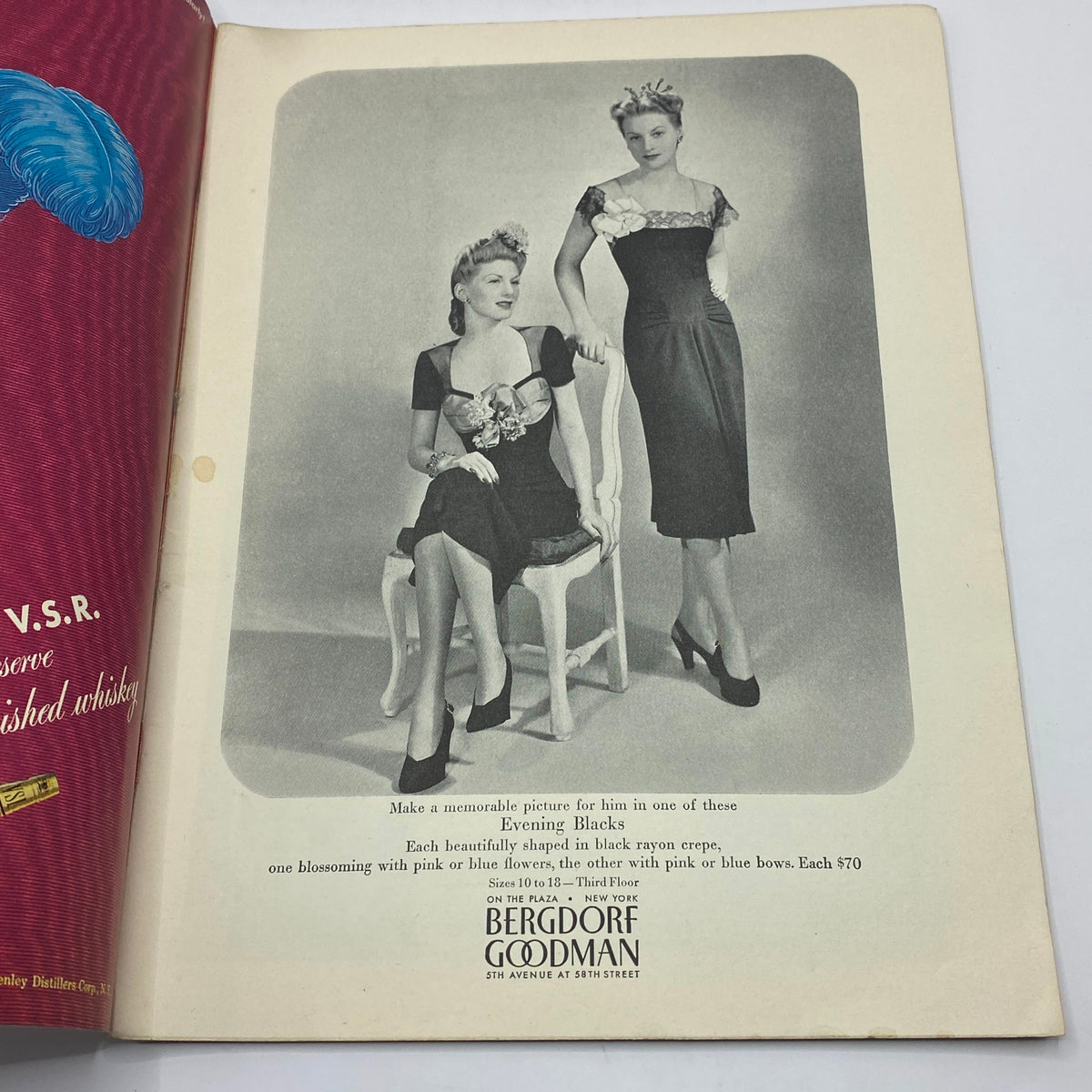 Fashion advertisement in The New Yorker magazine April 3, 1943, featuring models showcasing elegant evening dresses by Bergdorf Goodman.