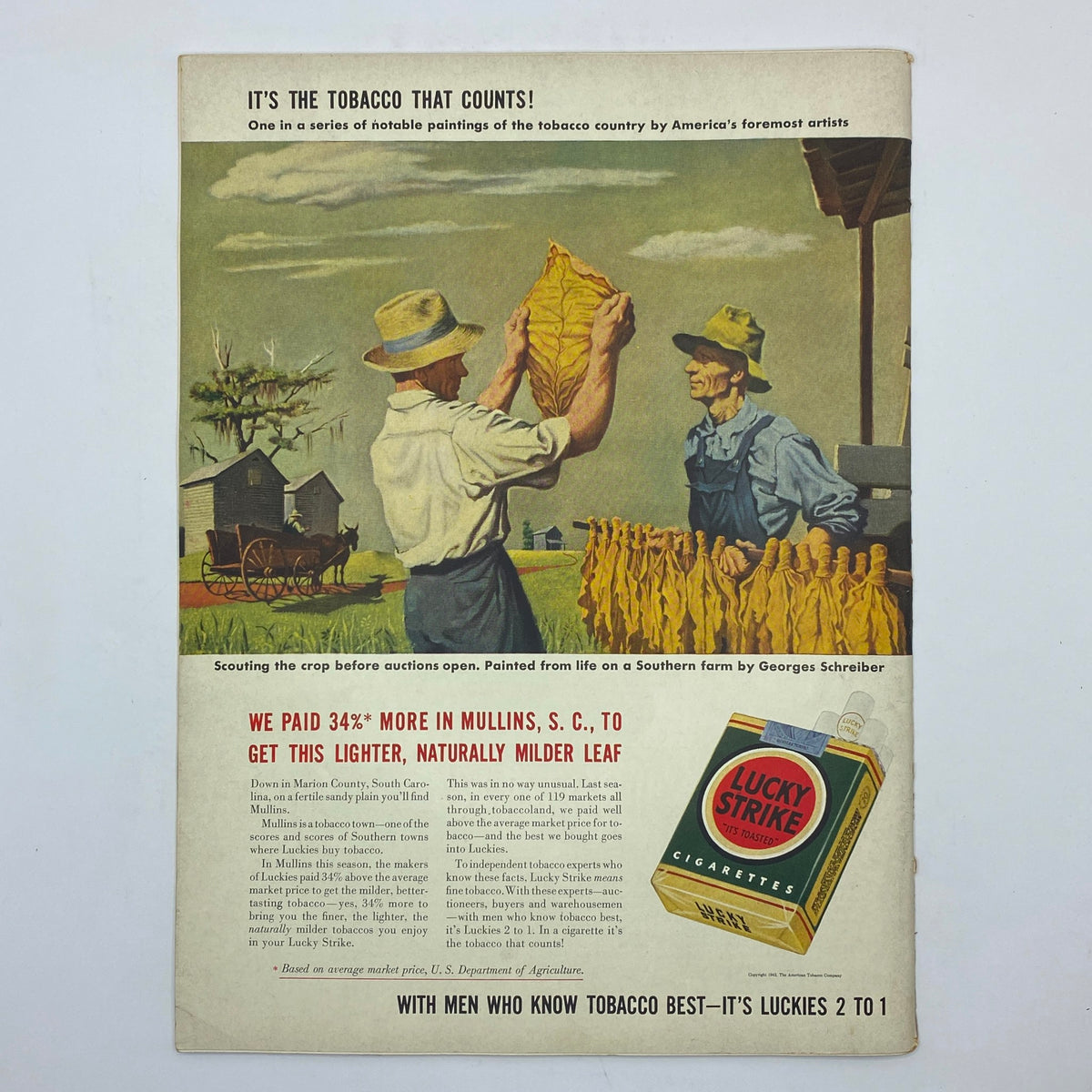 The New Yorker Complete Magazine February 7, 1942 Peter Arno Cover featuring a vintage advertisement with two men in a Southern tobacco field, showcasing tobacco leaves and a Lucky Strike cigarette package.