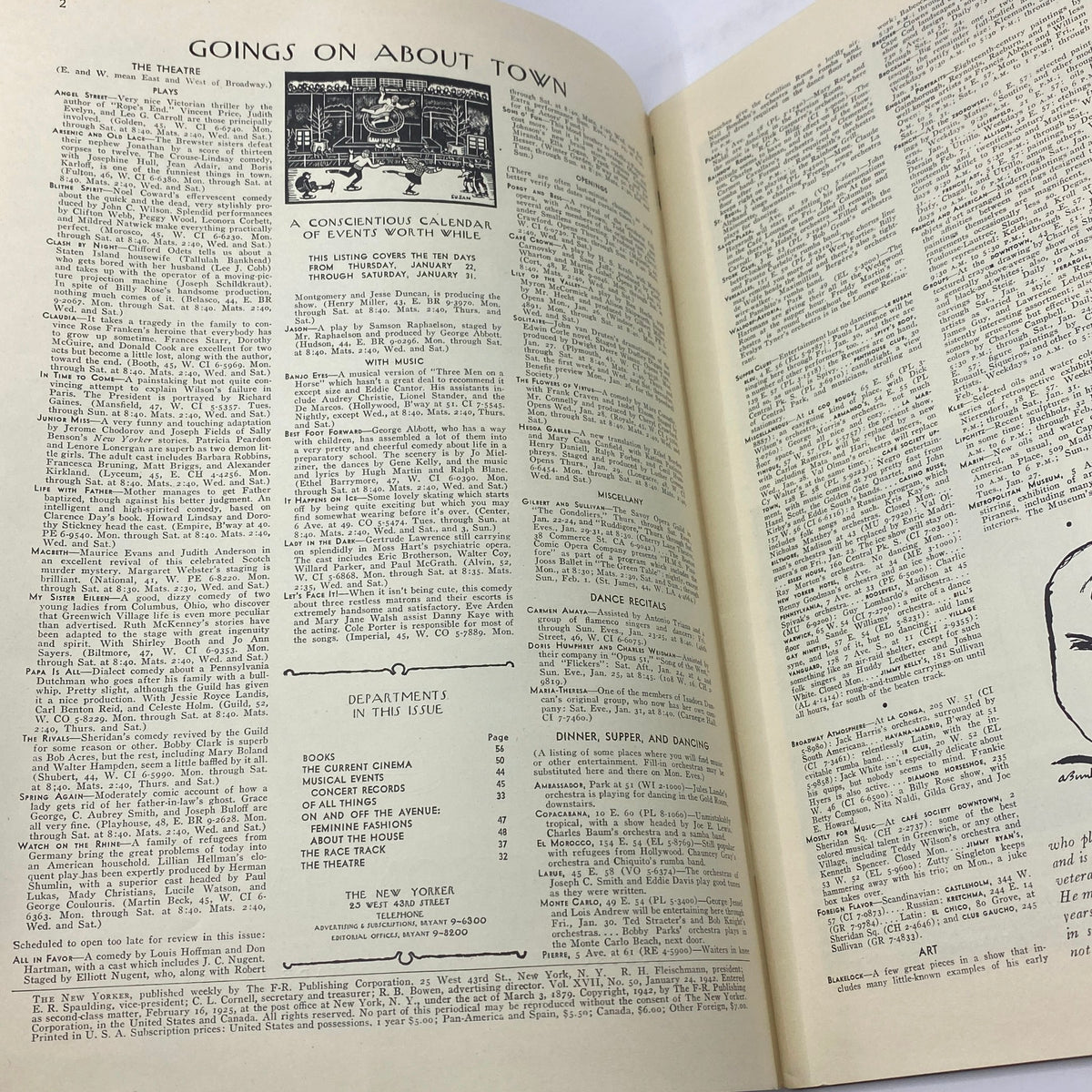 Interior pages from The New Yorker magazine dated January 24, 1942, featuring events listings and editorial sections. The New Yorker Complete Magazine January 24, 1942 Beatrice Tobias Cover.